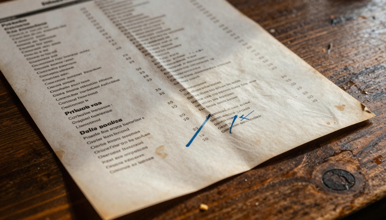 A worn, coffee-stained printed restaurant menu lying on a wooden table with faded prices and dog-eared corners