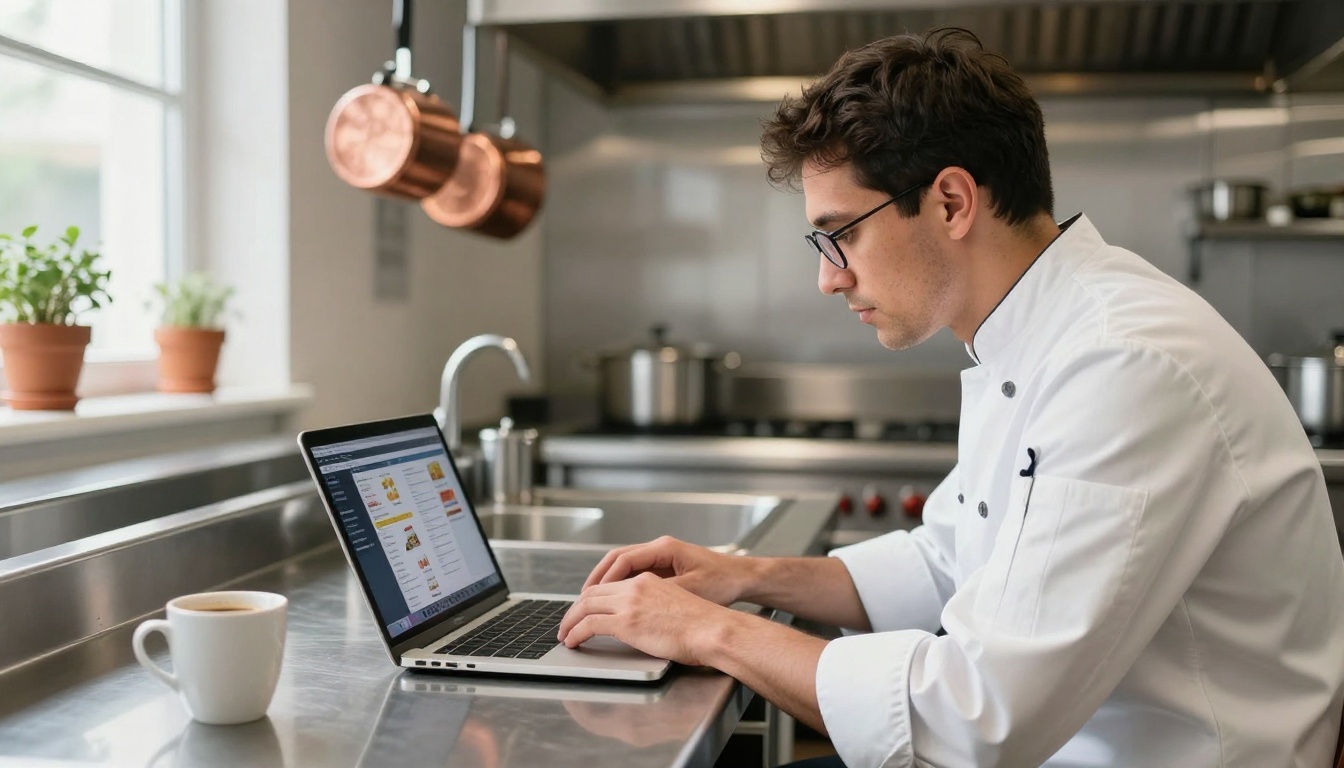 A restaurant manager in a chef's coat updating a digital menu on a laptop at a stainless steel kitchen counter