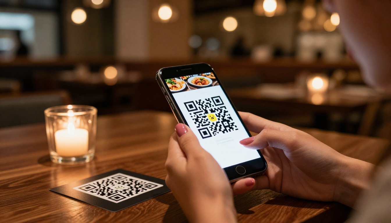 A customer scanning a QR code at a restaurant table with a smartphone at a dark walnut table with candlelight
