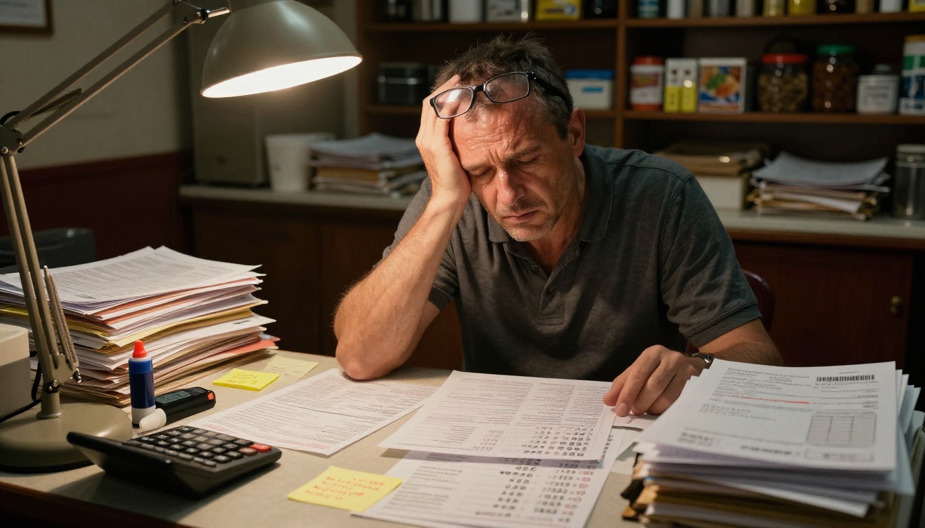A stressed restaurant owner sitting at a cluttered desk surrounded by stacks of printed menus and print shop invoices