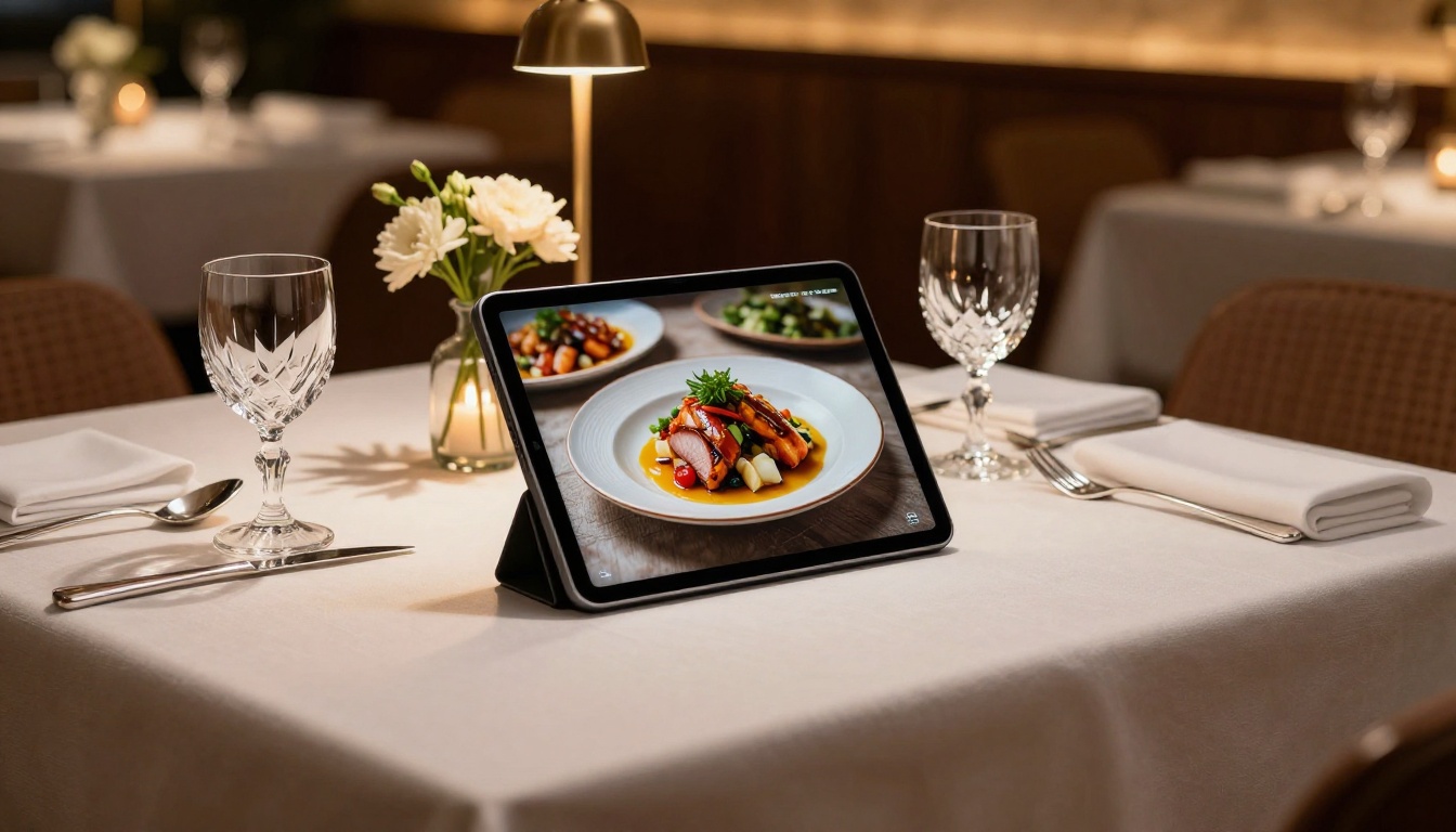 An elegantly set restaurant table with a modern tablet displaying a beautifully designed digital menu