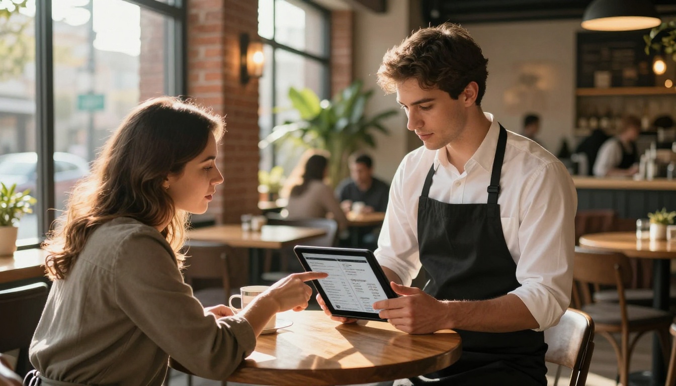 A waiter in a black apron using a tablet to show a restaurant customer the digital menu in a warm, sun-lit bistro