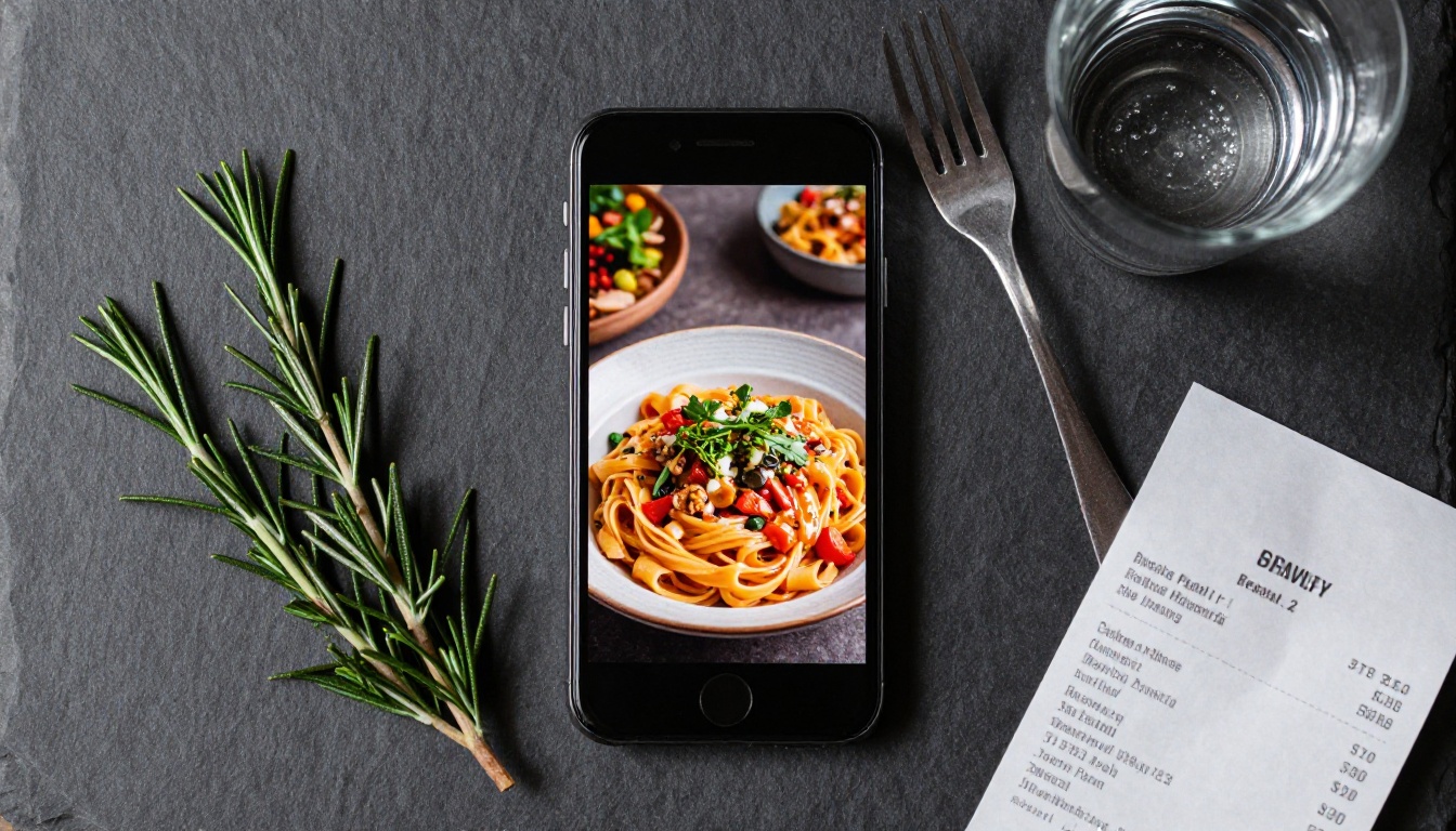 Overhead flat-lay of a smartphone showing a colorful digital restaurant menu beside a crumpled paper receipt on dark slate