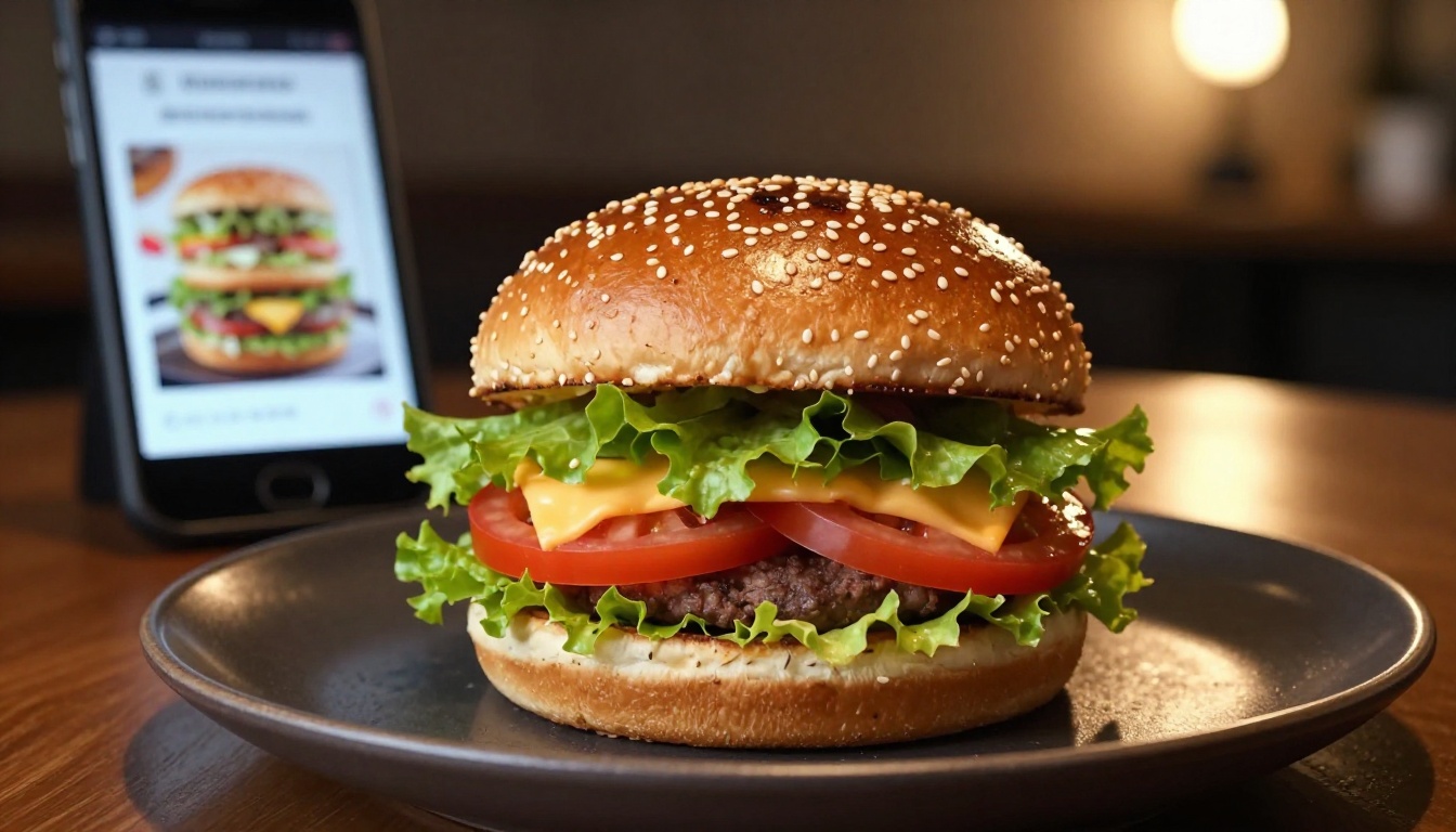 Low-angle close-up of a beautifully plated gourmet burger with sesame seed bun and melted cheese, digital menu visible in the background