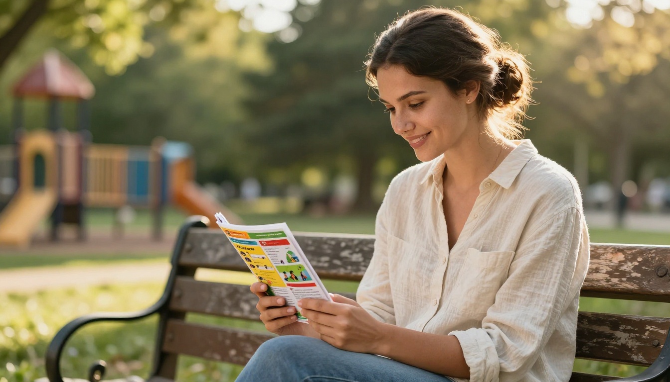 Parent smiling while scrolling through preschool newsletter on smartphone at a park