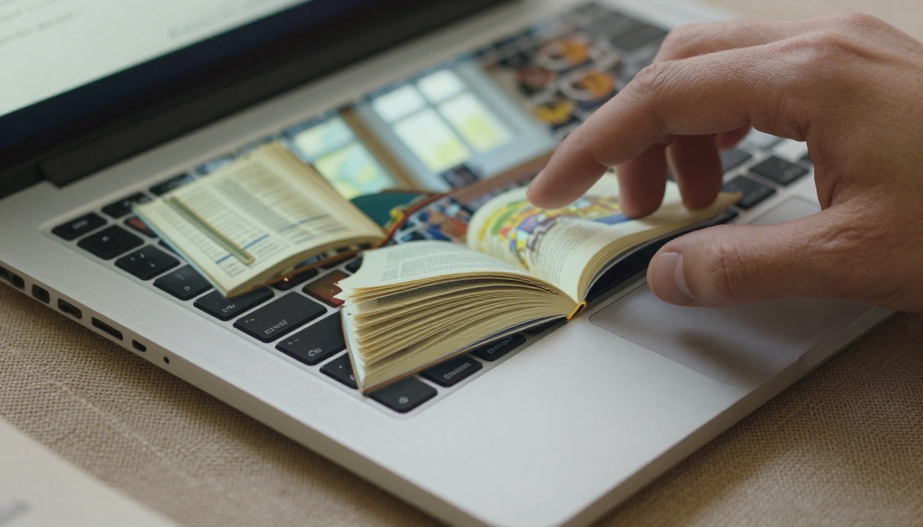 Hands navigating animated flipbook on laptop