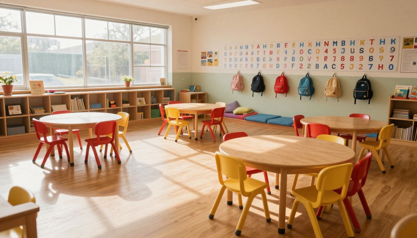 Preschool classroom with digital flipbook displayed on tablet and laptop