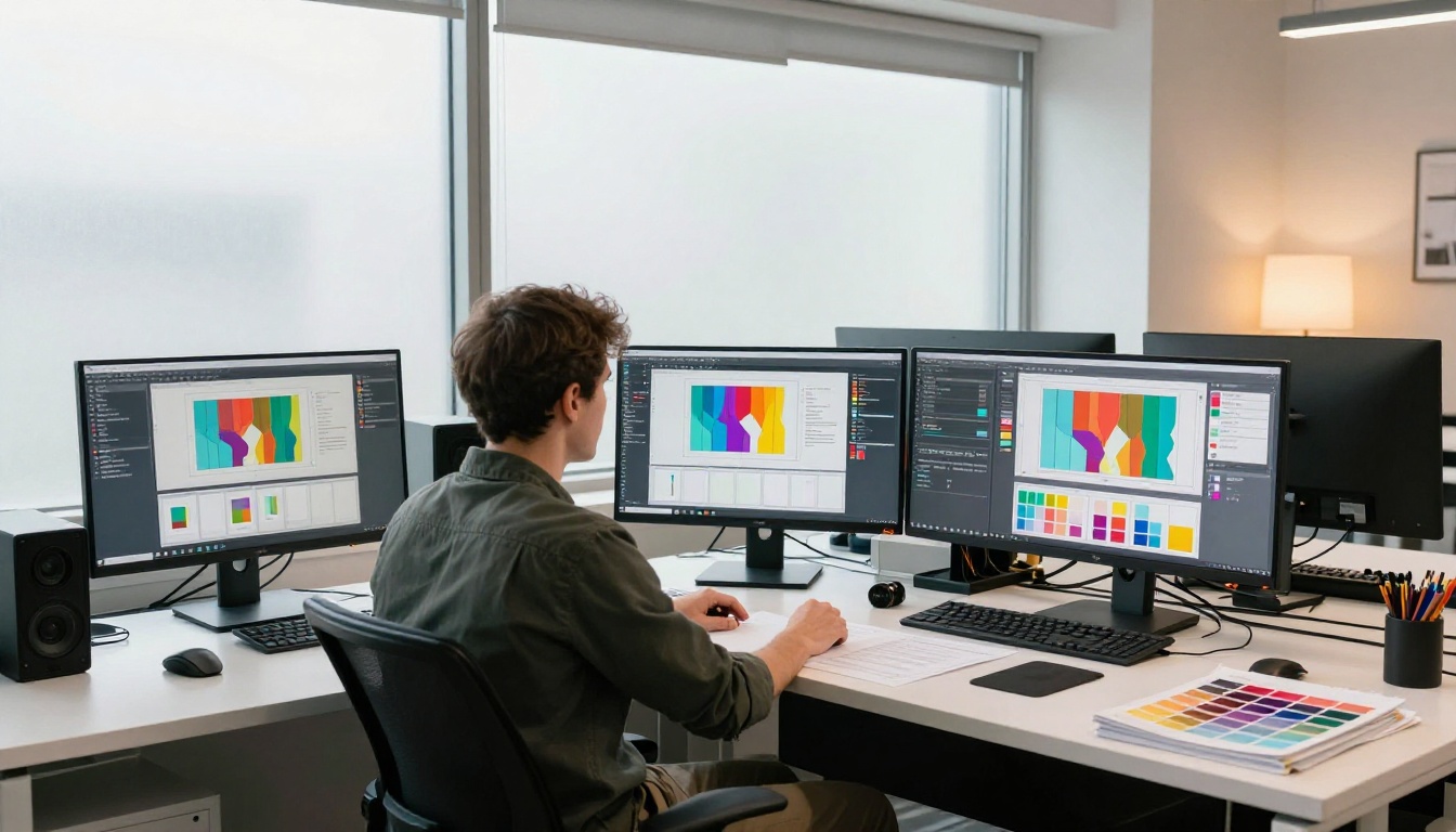 Designer working on animated flipbook at multi-monitor workstation