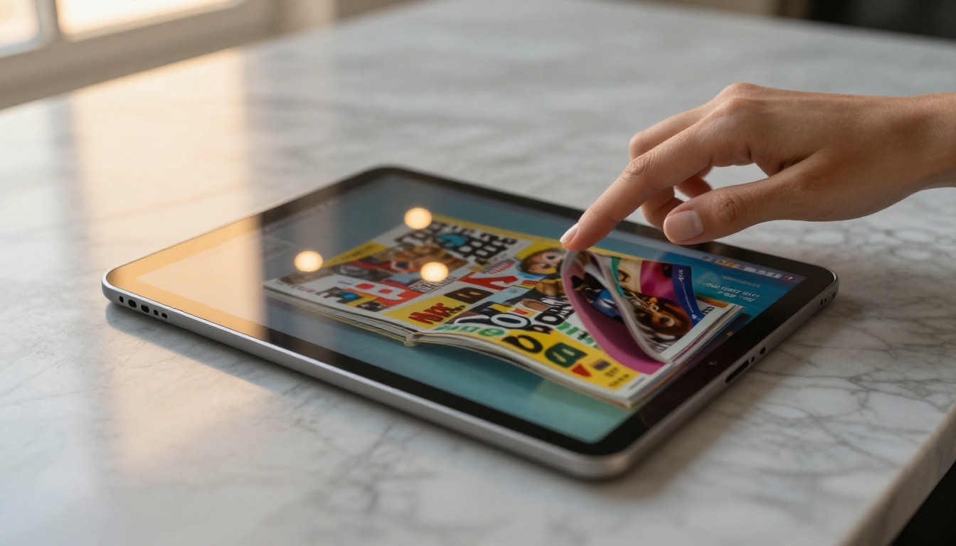 Tablet displaying animated flipbook page turn on marble surface