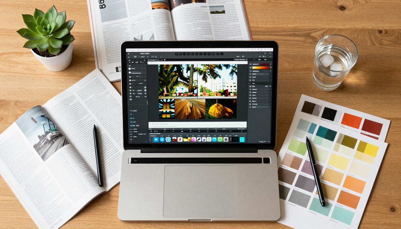 Aerial view of creative workspace with flipbook editor open on laptop