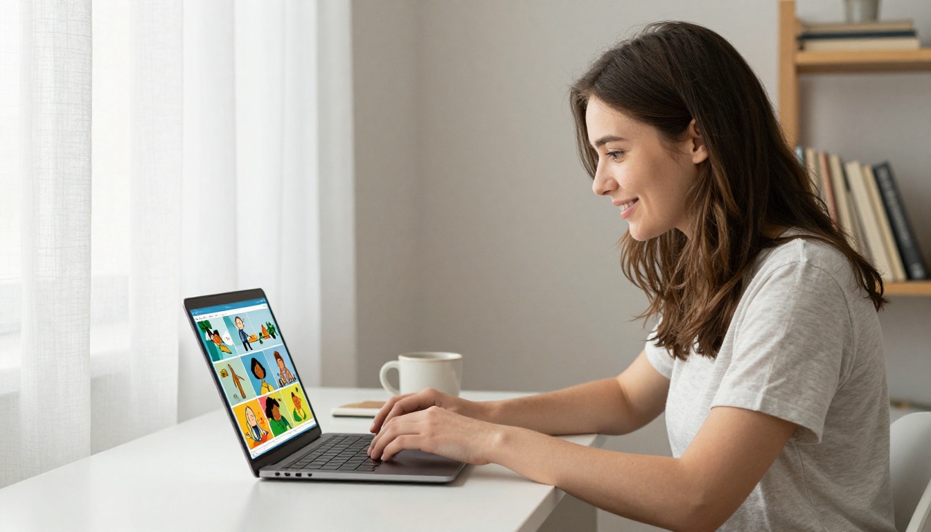 Woman smiling while creating animated flipbook in home office Woman smiling while creating animated flipbook in home office