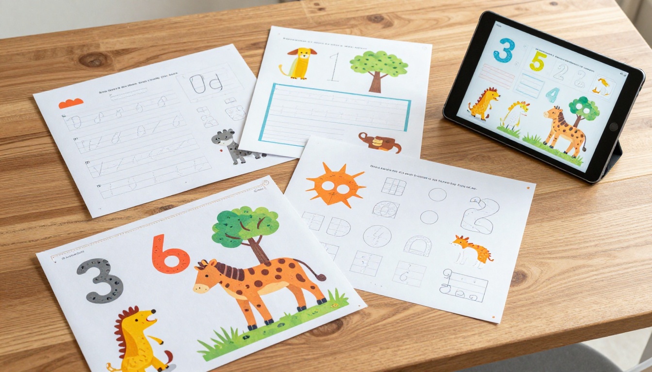 Colorful preschool activity sheets arranged flat lay alongside tablet with digital flipbook