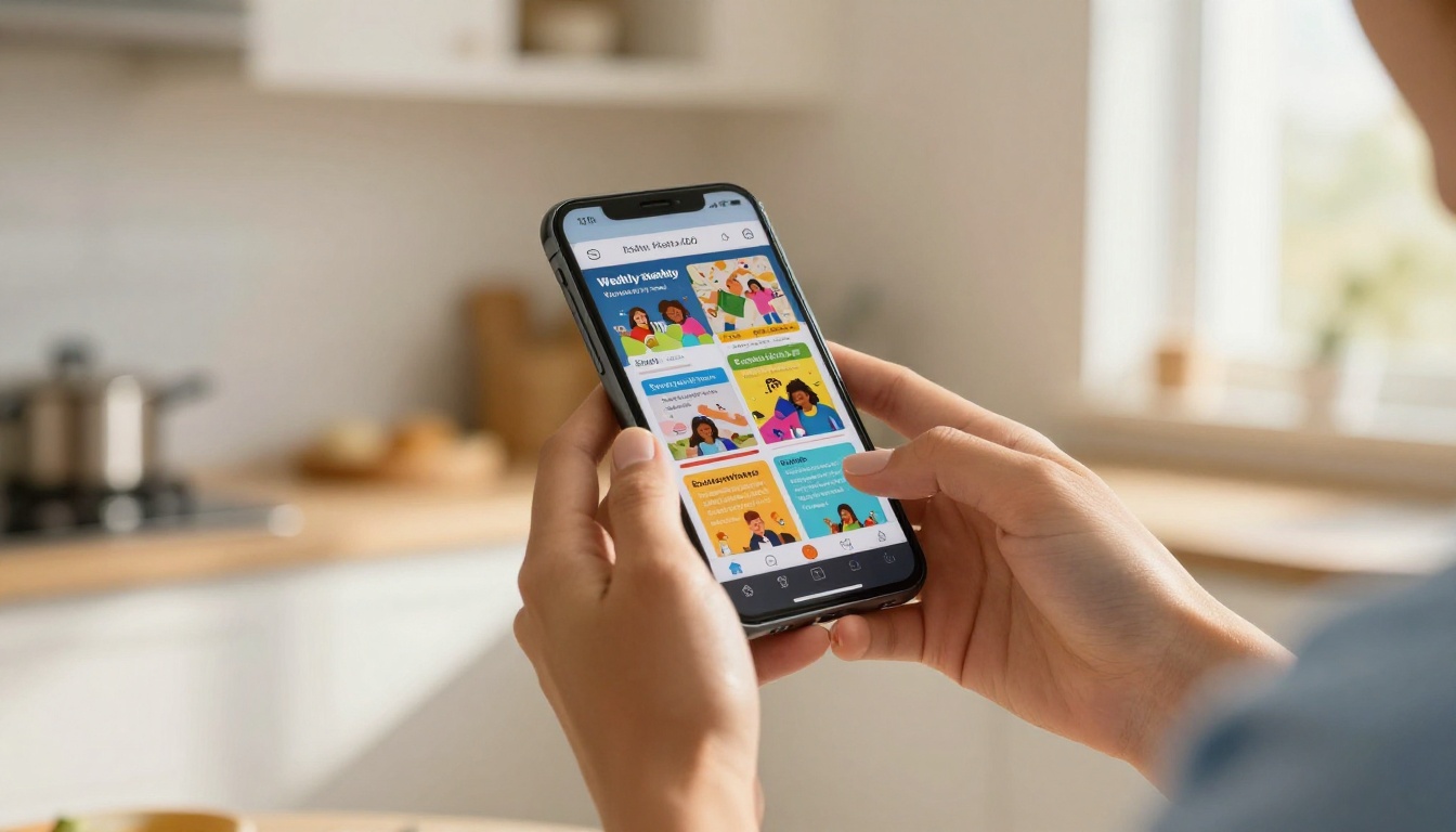 Mother's hands holding smartphone showing preschool newsletter flipbook at home
