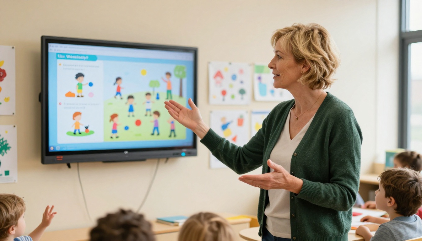 Preschool teacher presenting digital flipbook on classroom display screen to families