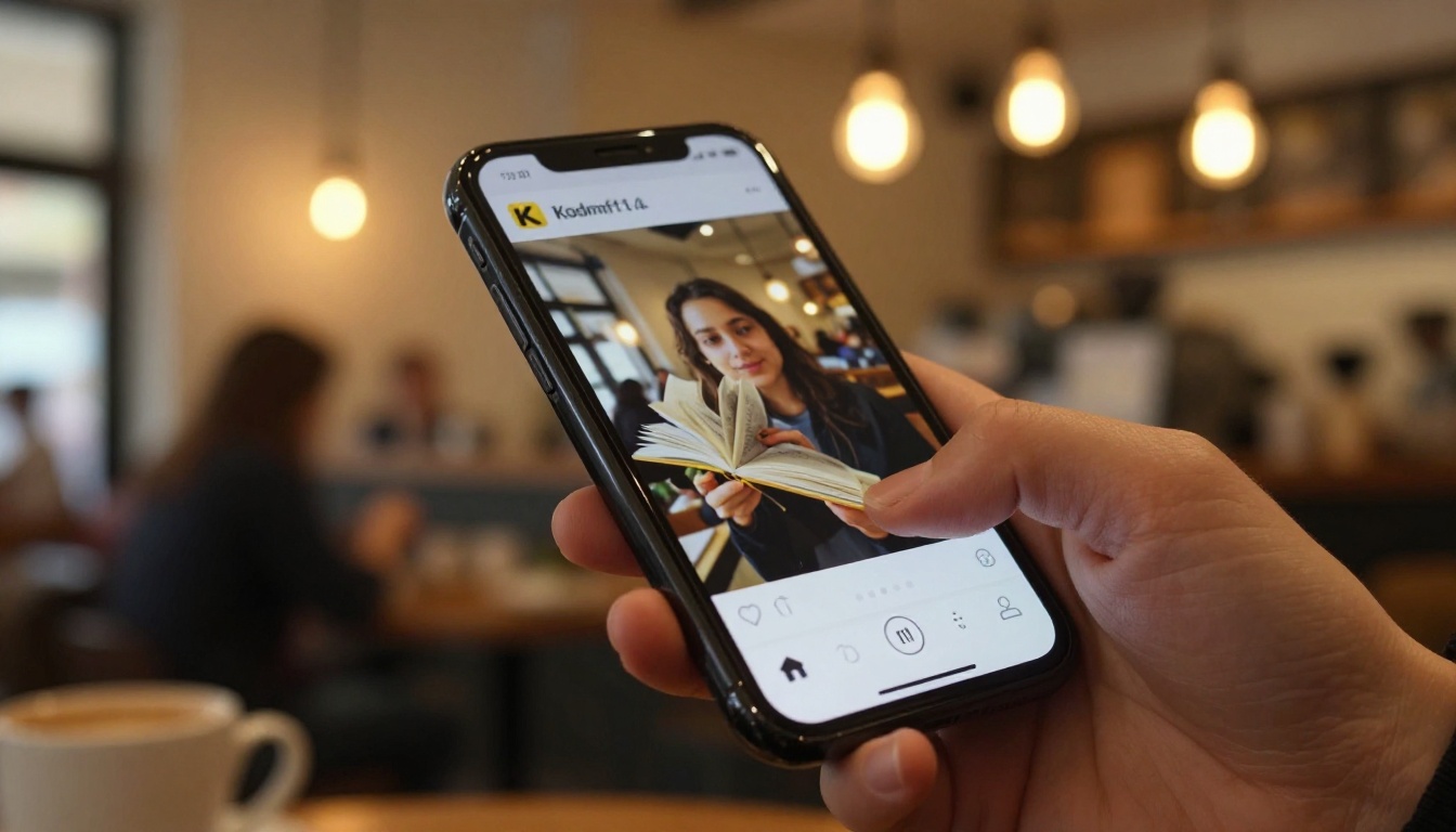 Smartphone displaying animated flipbook in warm cafe environment Smartphone displaying animated flipbook in warm cafe environment