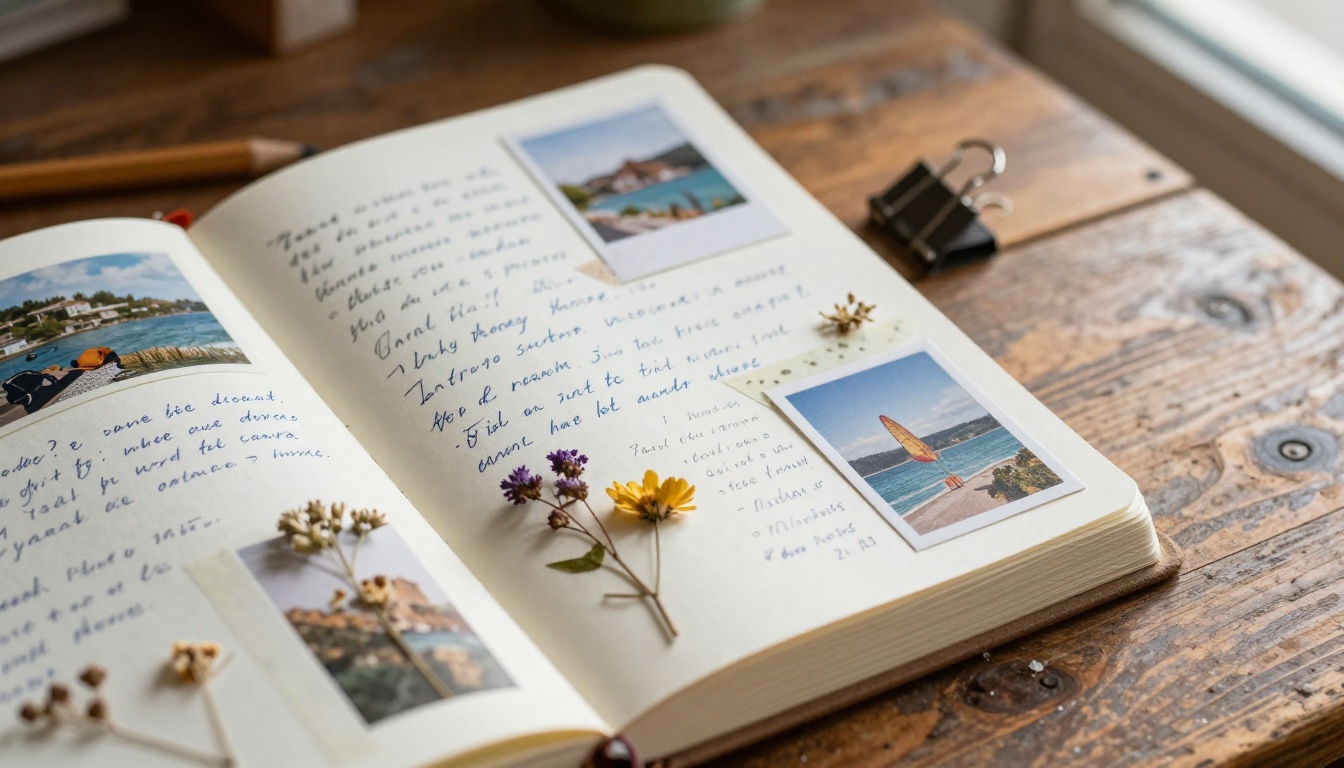 Travel journal pages with handwritten notes and polaroid photos on a weathered oak desk Travel journal pages with handwritten notes and polaroid photos on a weathered oak desk