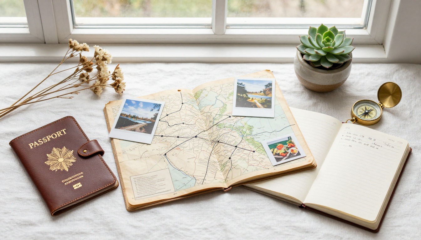 Aerial flat lay of travel items: passport, vintage map, polaroids, compass, dried flowers on white linen Aerial flat lay of travel items: passport, vintage map, polaroids, compass, dried flowers on white linen