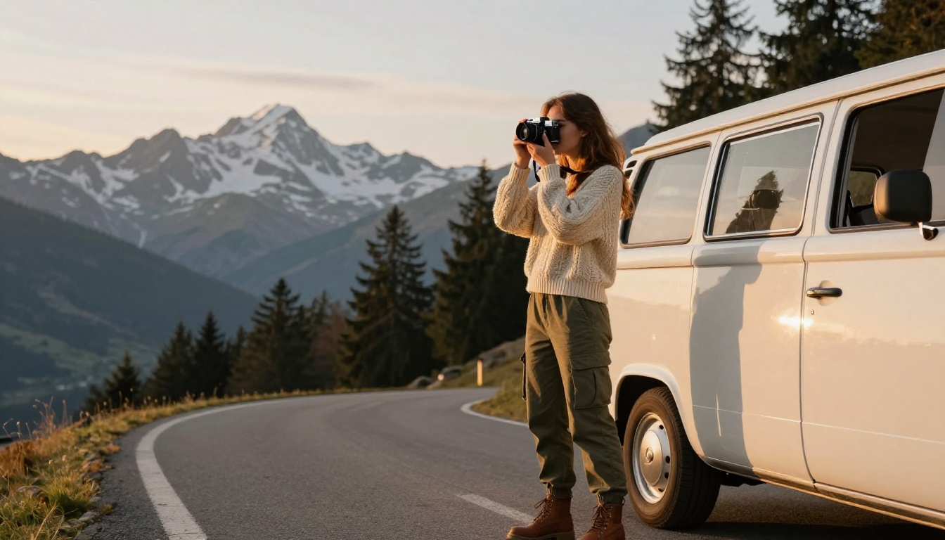 Young woman photographing Swiss Alps scenery outside a vintage white campervan at golden hour Young woman photographing Swiss Alps scenery outside a vintage white campervan at golden hour