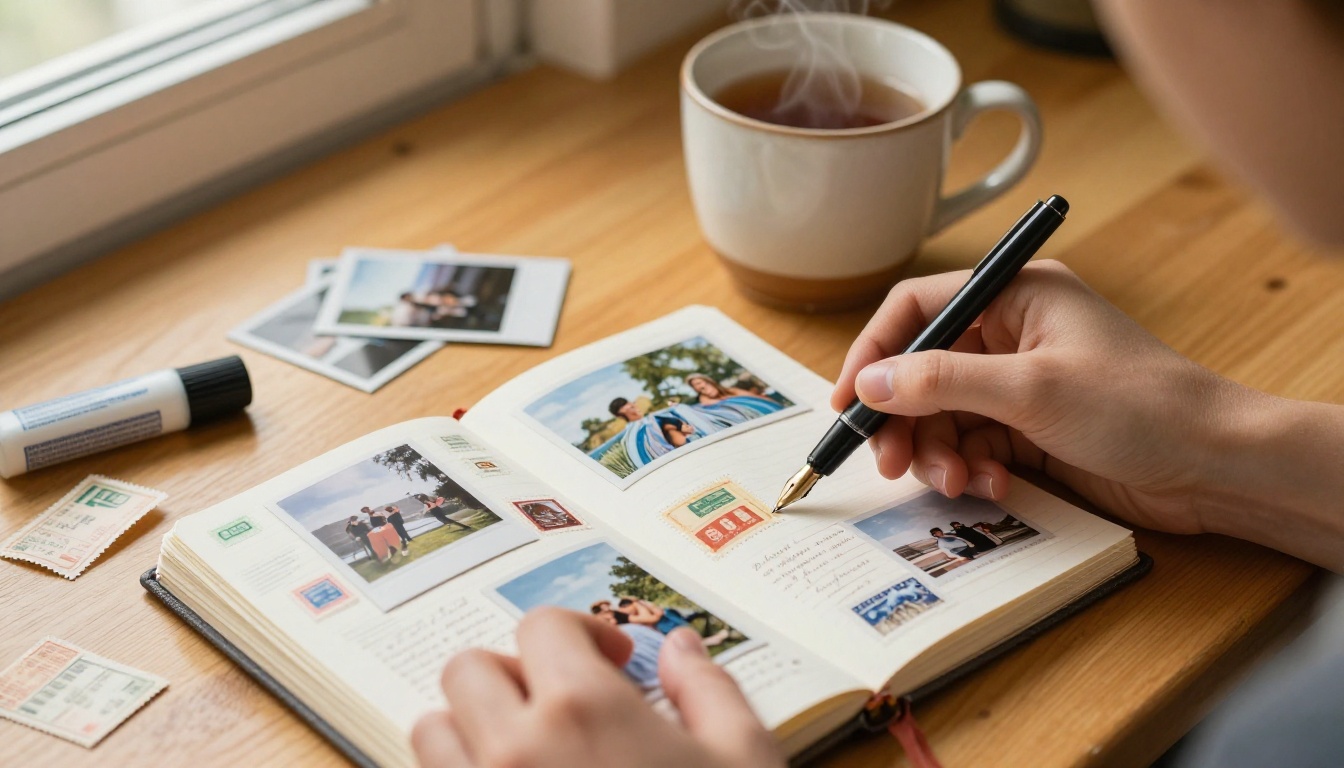 Hands carefully pasting travel photographs into a handmade scrapbook journal on a wooden table Hands carefully pasting travel photographs into a handmade scrapbook journal on a wooden table