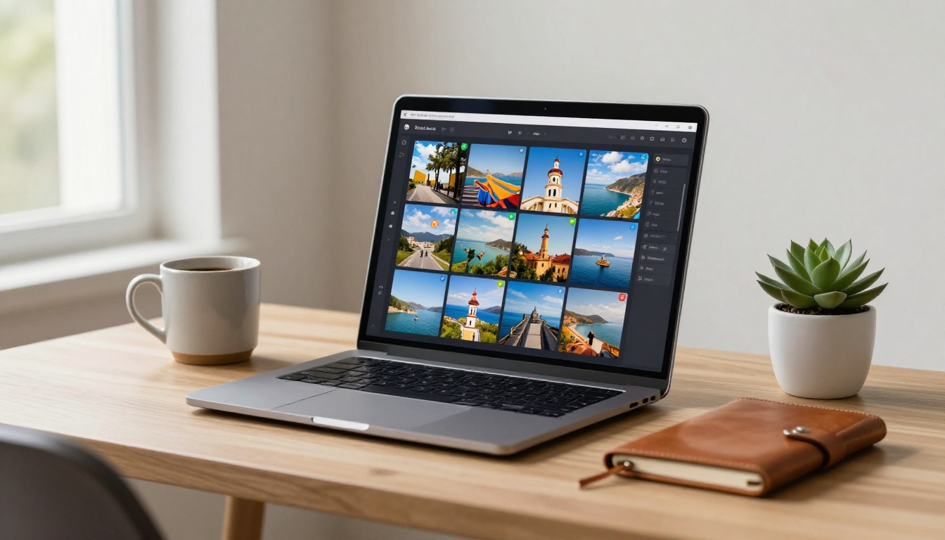 Laptop on minimalist oak desk showing a digital travel flipbook interface with animated pages Laptop on minimalist oak desk showing a digital travel flipbook interface with animated pages