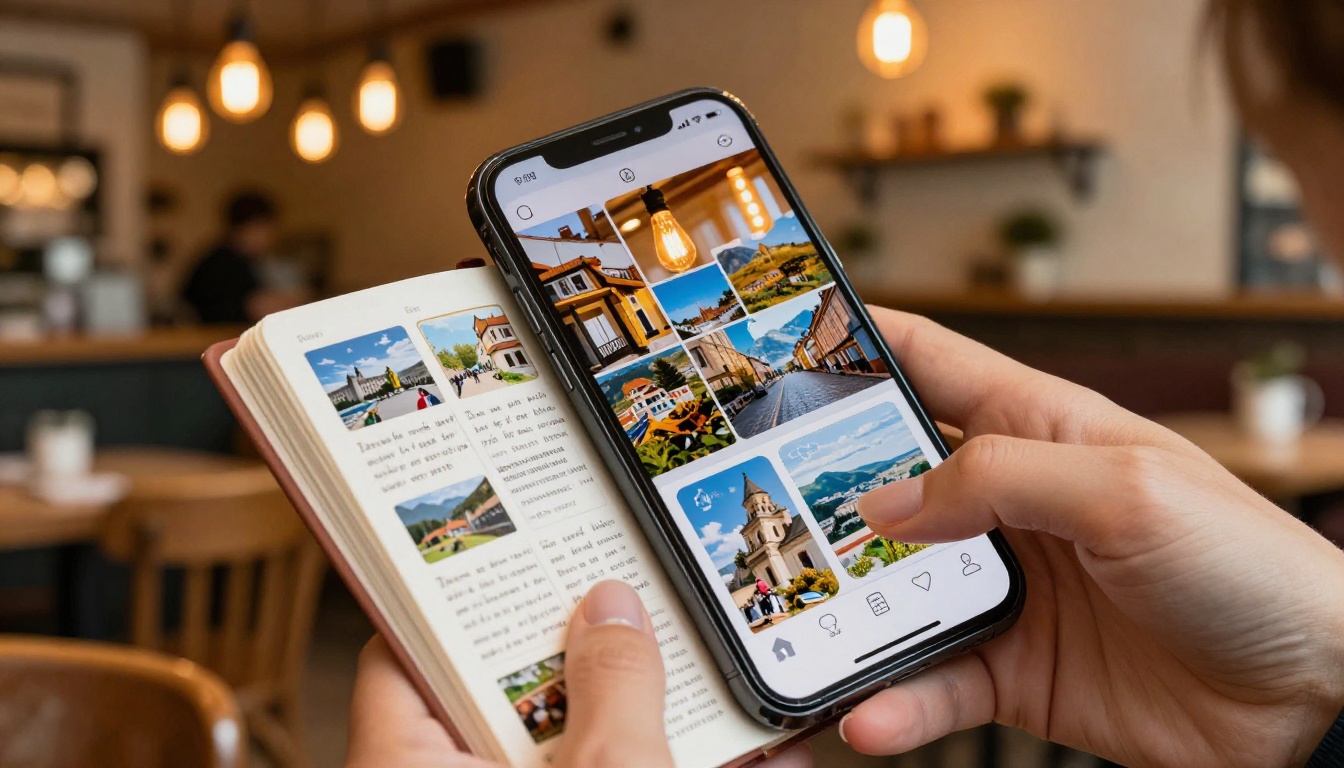Smartphone displaying a travel flipbook with page-turn animation held in a hand at a cafe