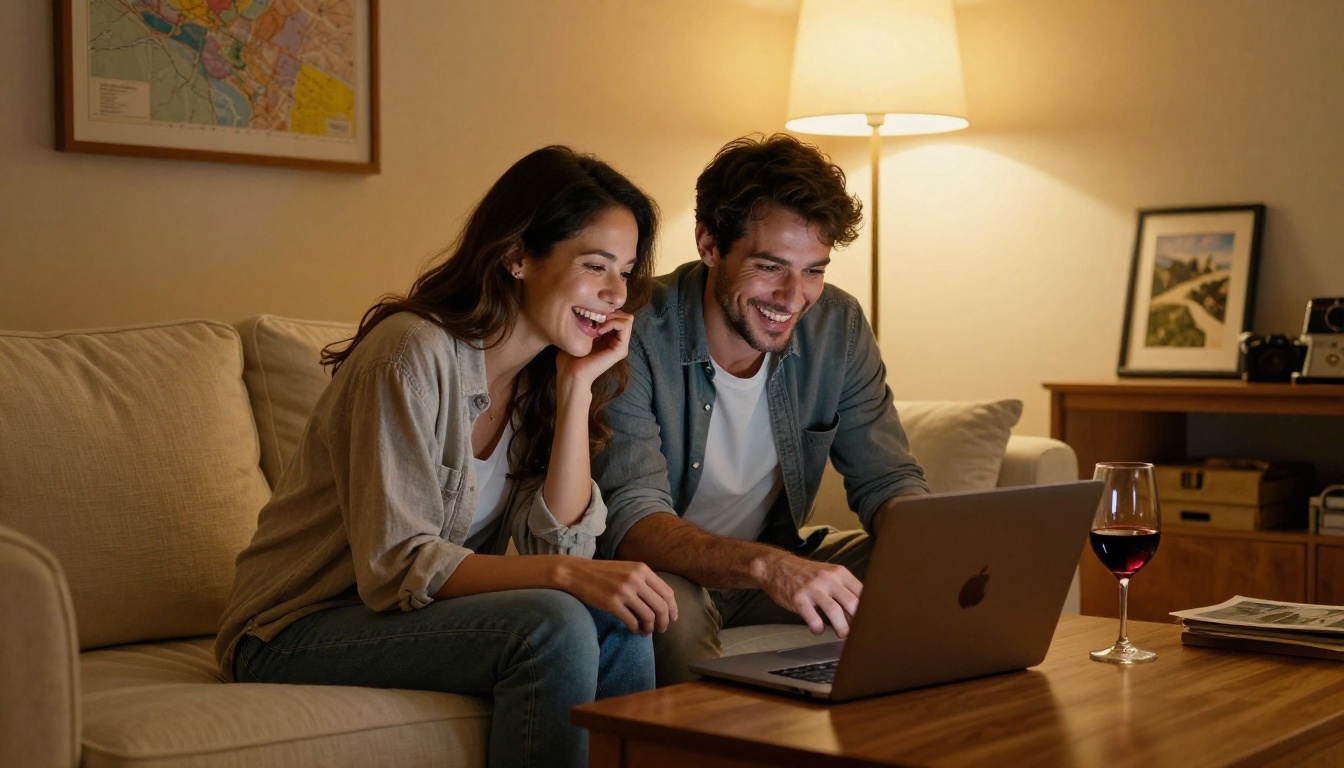Couple on a cream linen sofa laughing together while looking at vacation photos on a laptop