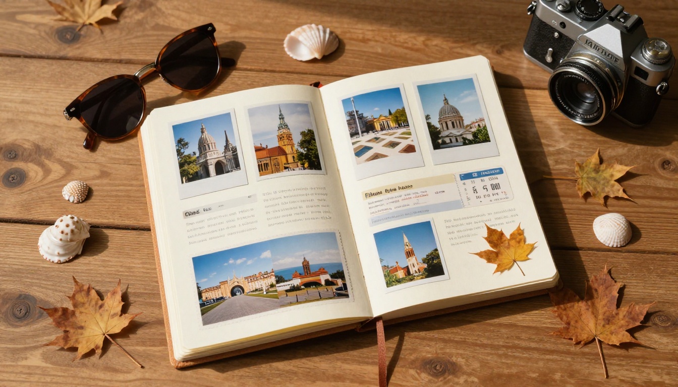 Aerial top-down view of a travel scrapbook surrounded by seashells, polaroids, and ticket stubs on a wooden floor