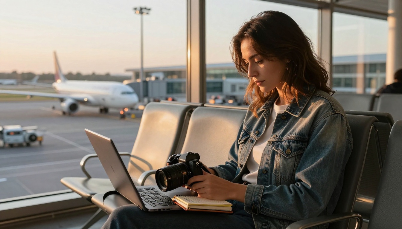 Woman at an airport terminal window connecting her camera to a laptop with her travel journal open beside her