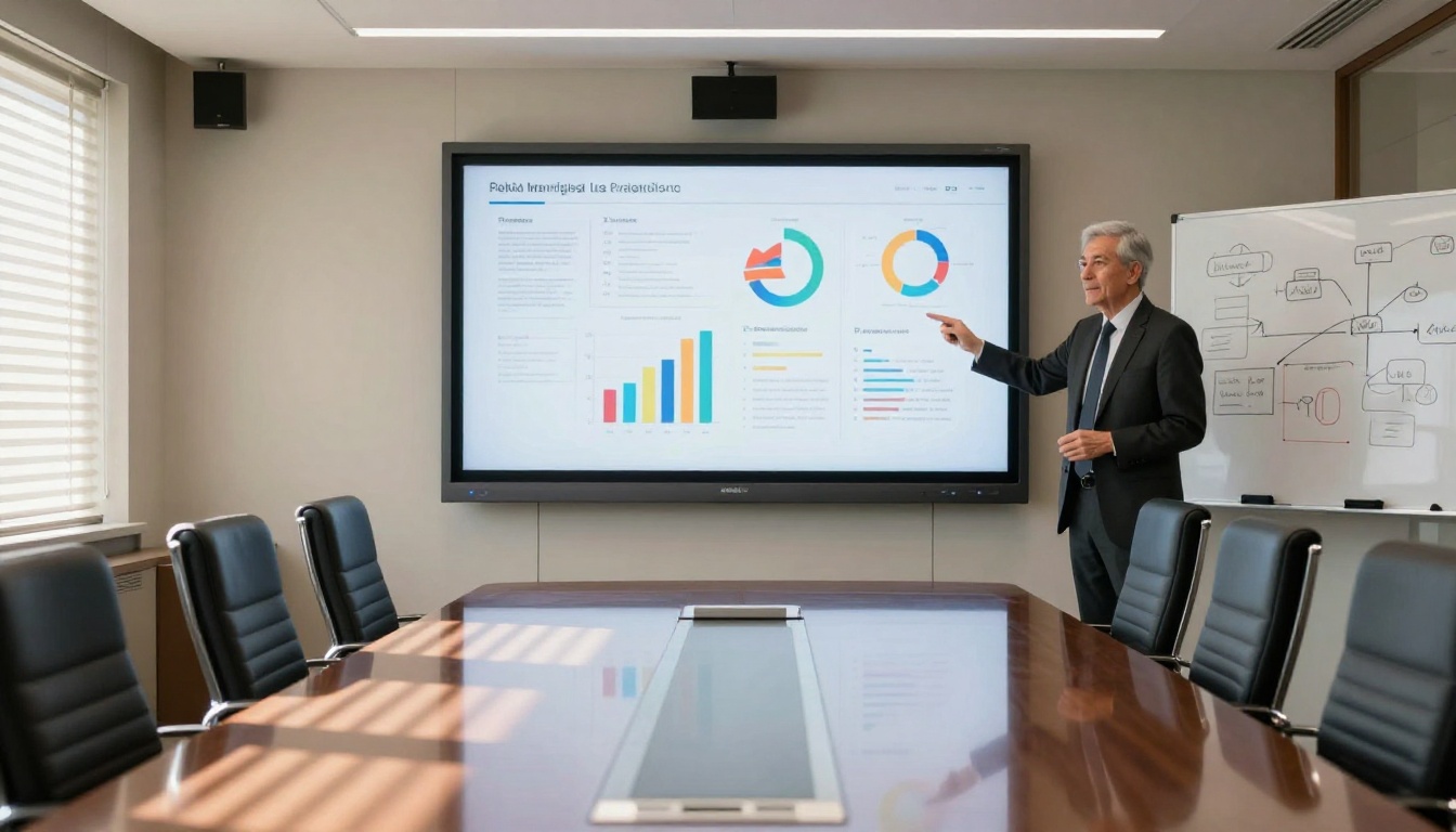 Senior marketing executive presenting a whitepaper flipbook on a conference room screen