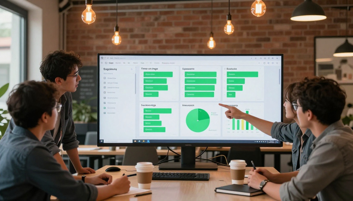 B2B marketing team reviewing flipbook read analytics on a curved monitor in a modern office