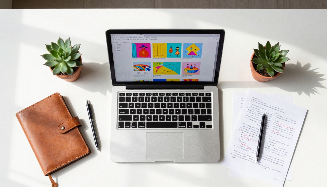 Aerial view of a clean white desk with a laptop showing a colorful flipbook whitepaper