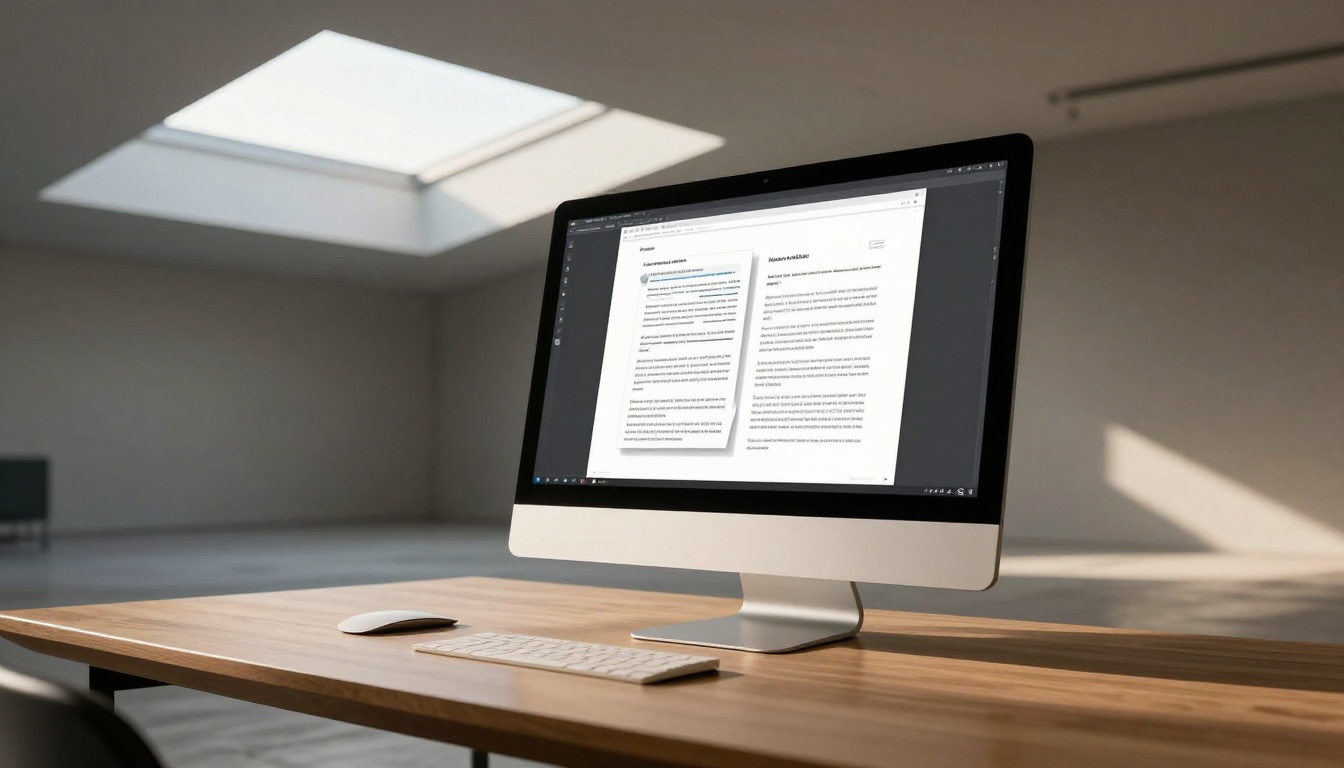 Low-angle view of an iMac displaying a whitepaper flipbook with animated page-turn mid-frame Low-angle view of an iMac displaying a whitepaper flipbook with animated page-turn mid-frame