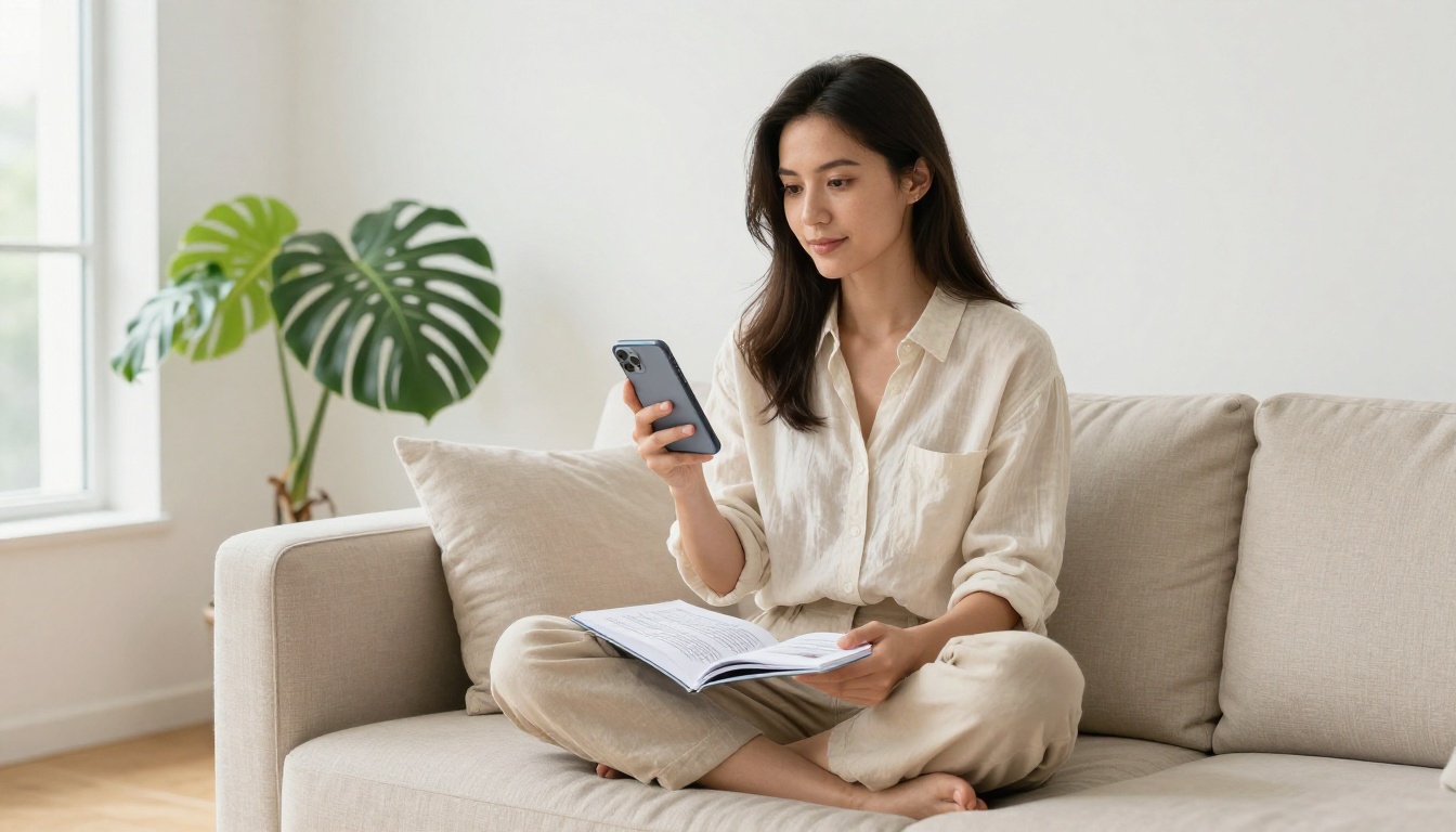 Young professional woman reading a mobile-responsive flipbook whitepaper on her phone at home Young professional woman reading a mobile-responsive flipbook whitepaper on her phone at home