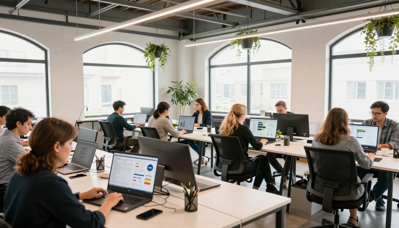 Wide shot of a modern co-working space with multiple professionals viewing flipbook content on screens Wide shot of a modern co-working space with multiple professionals viewing flipbook content on screens