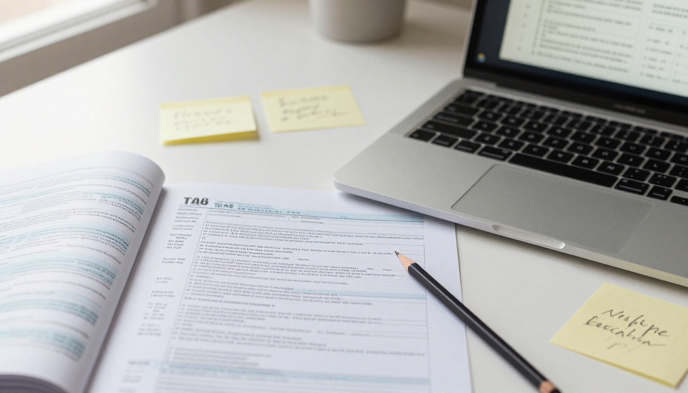 Tax guide document on desk beside laptop showing digital flipbook interface