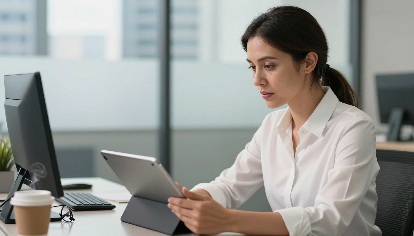 Female accountant reviewing digital flipbook on tablet in bright contemporary office