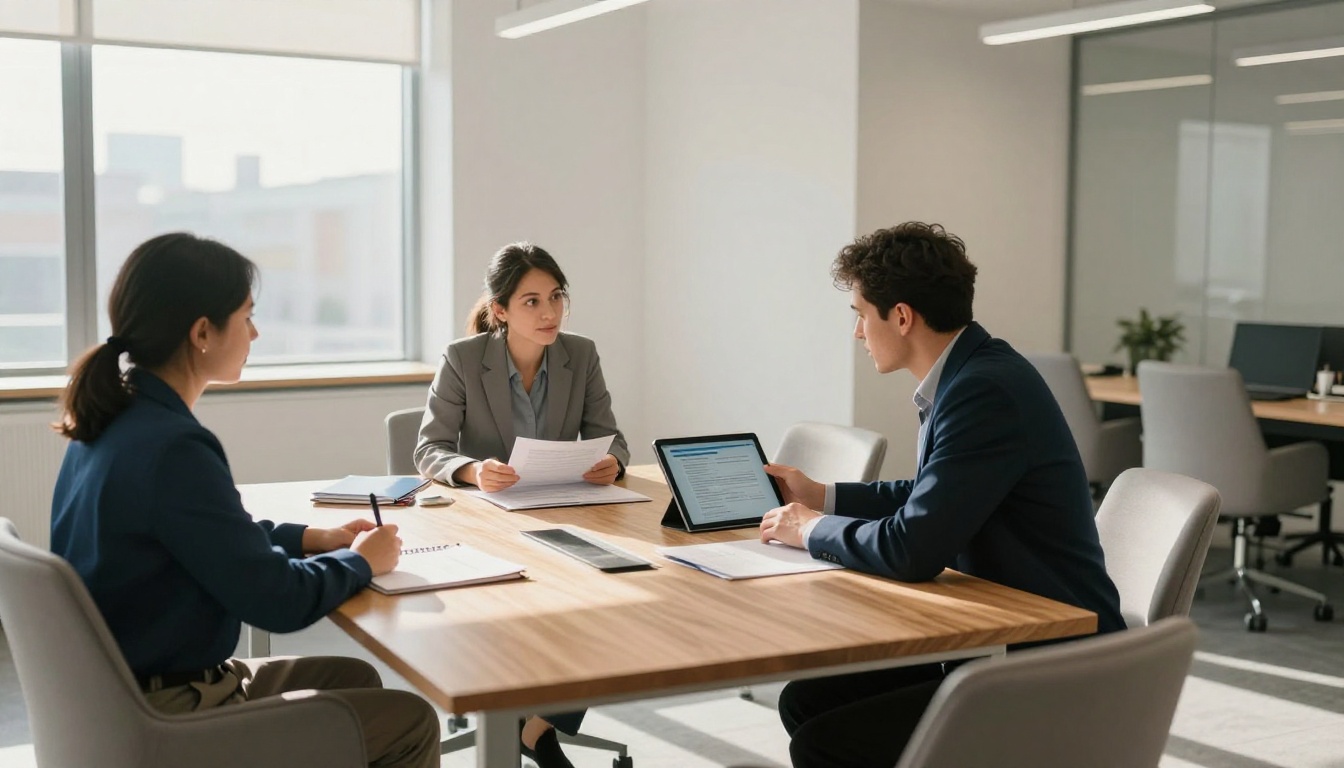 Financial advisor presenting digital flipbook display to clients in modern meeting room