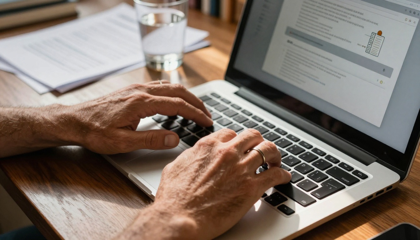 Hands uploading tax PDF document to digital platform on laptop