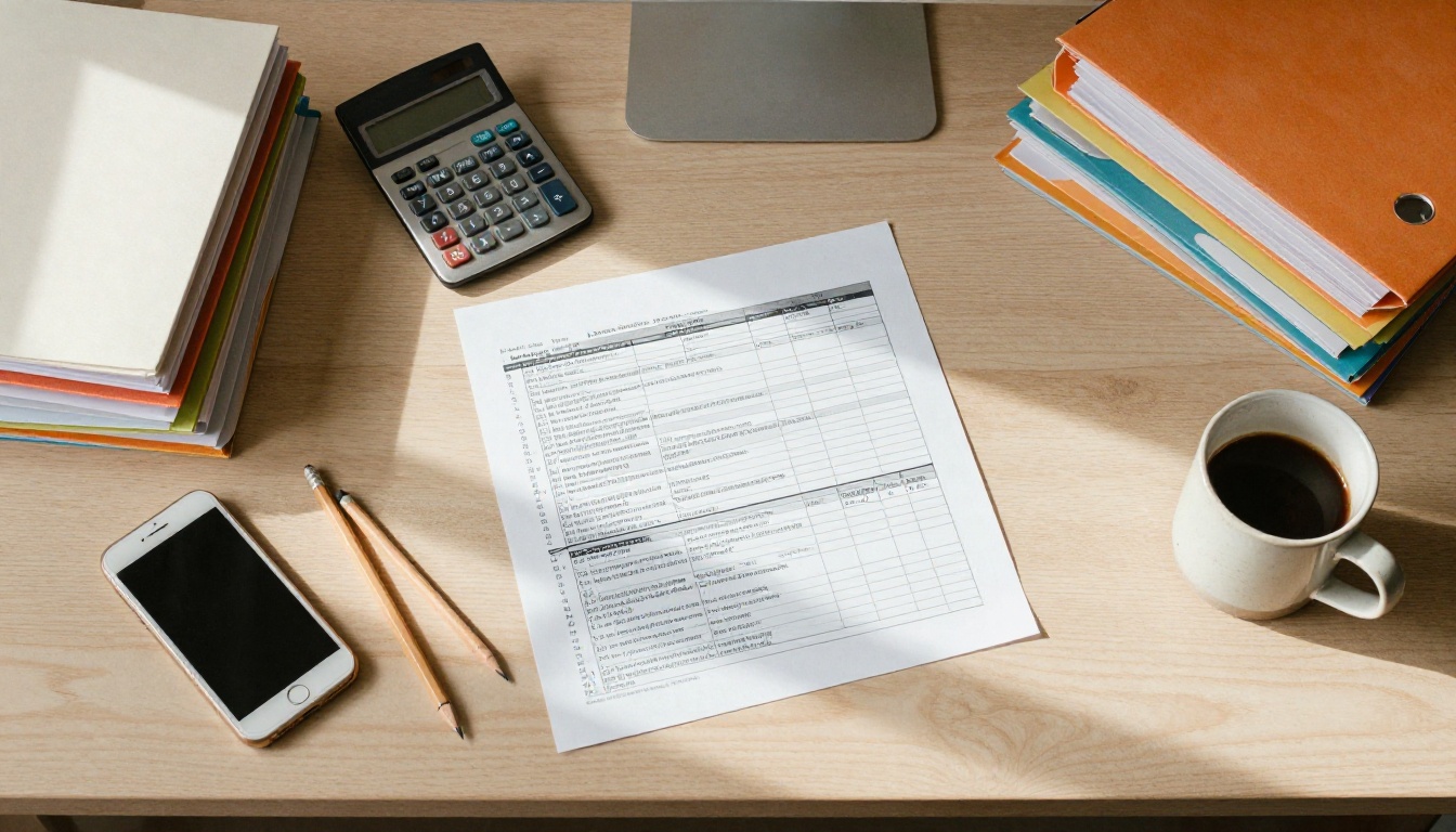 Aerial view of organized accountant workspace with tax checklists and folders