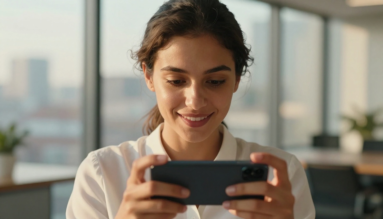 Young professional woman smiling while reviewing digital flipbook on smartphone