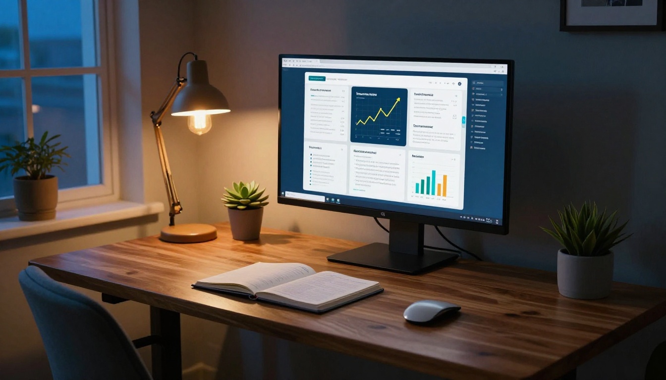Home office setup with monitor displaying financial flipbook in warm evening atmosphere