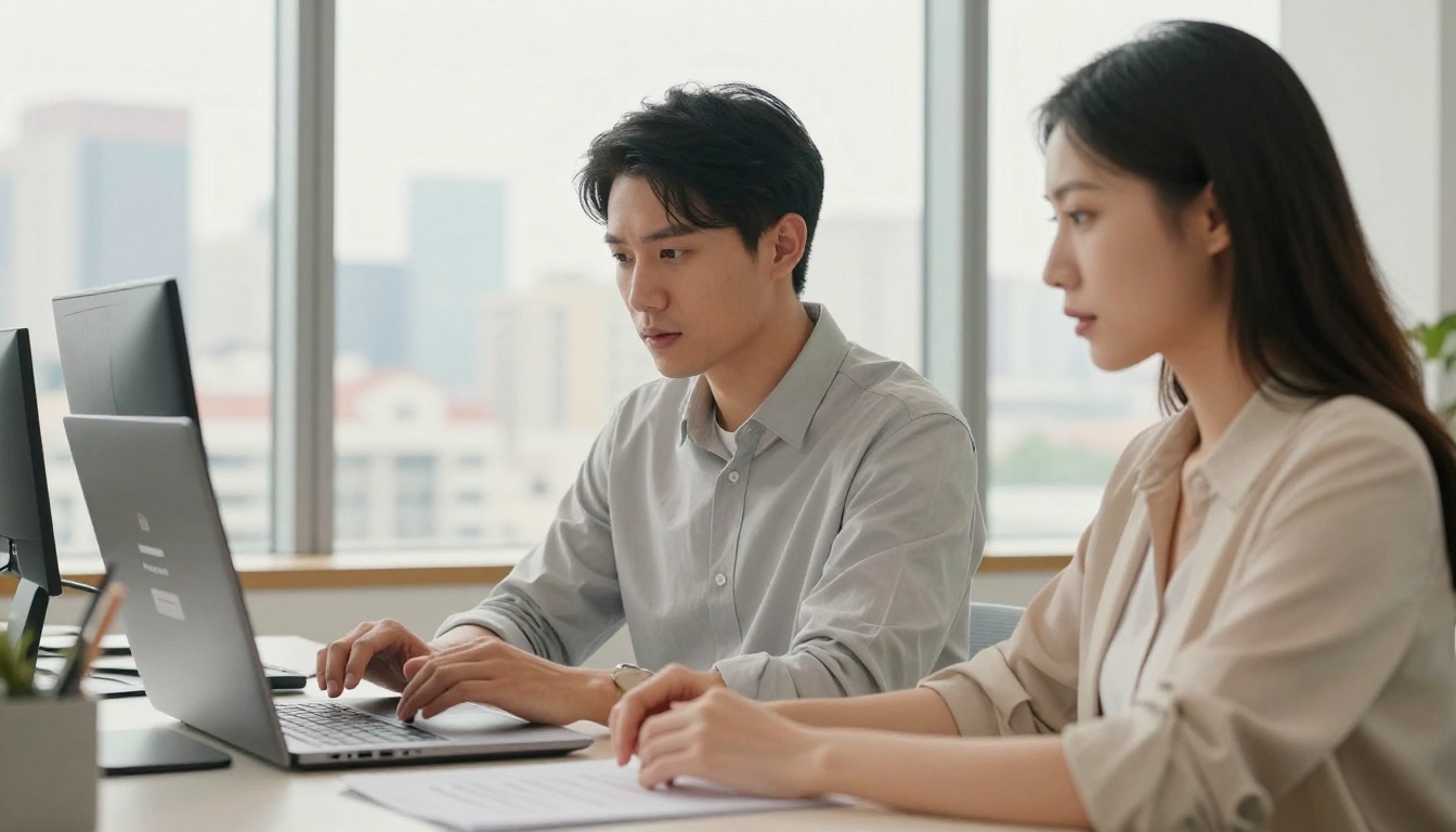 Two colleagues reviewing password-protected flipbook together on office laptop