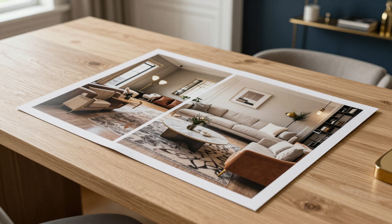 Before and after interior design transformation portfolio diptych on paper