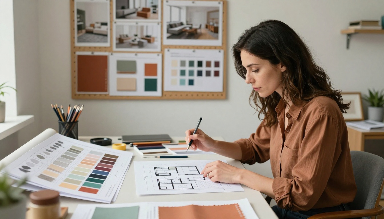 Interior designer reviewing portfolio materials at a drafting table