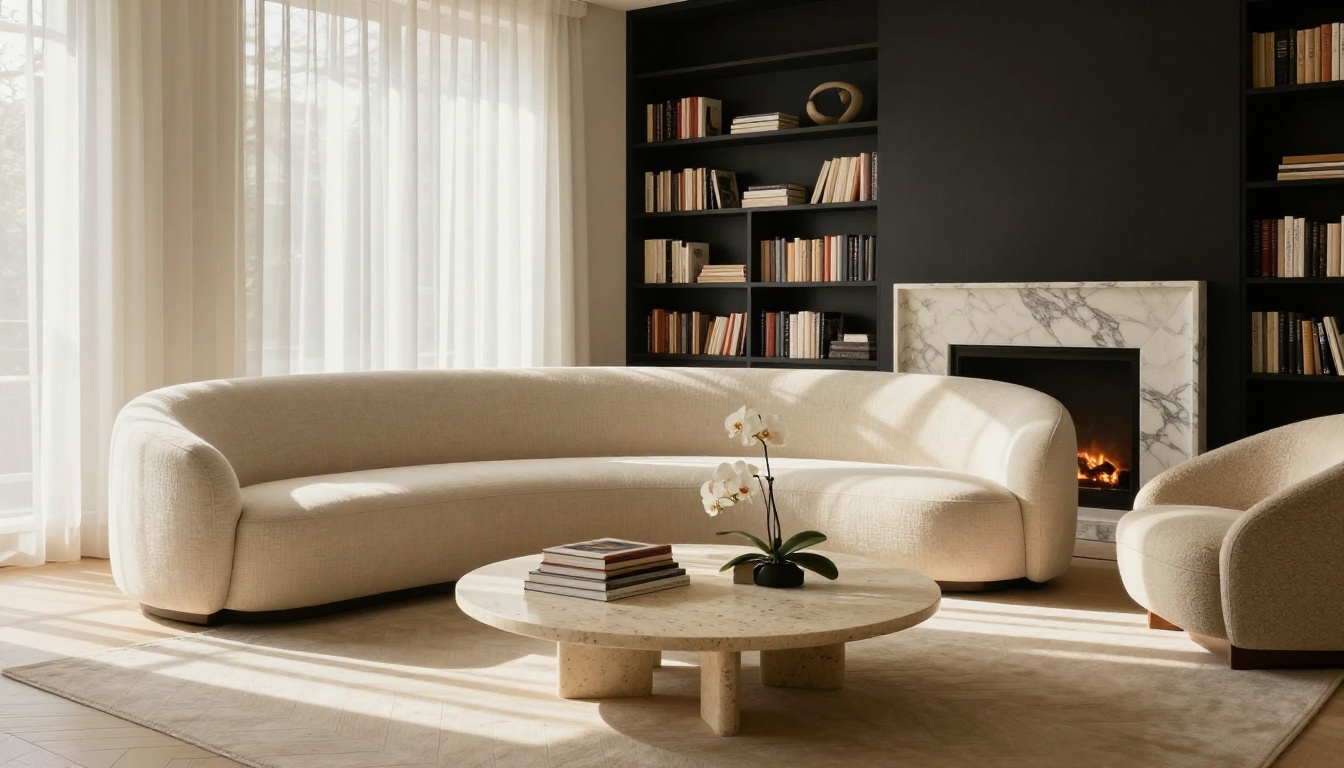 High-end contemporary living room shown as an interior design portfolio showcase