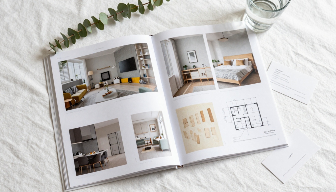 Open interior design portfolio with material swatches in a flat lay composition