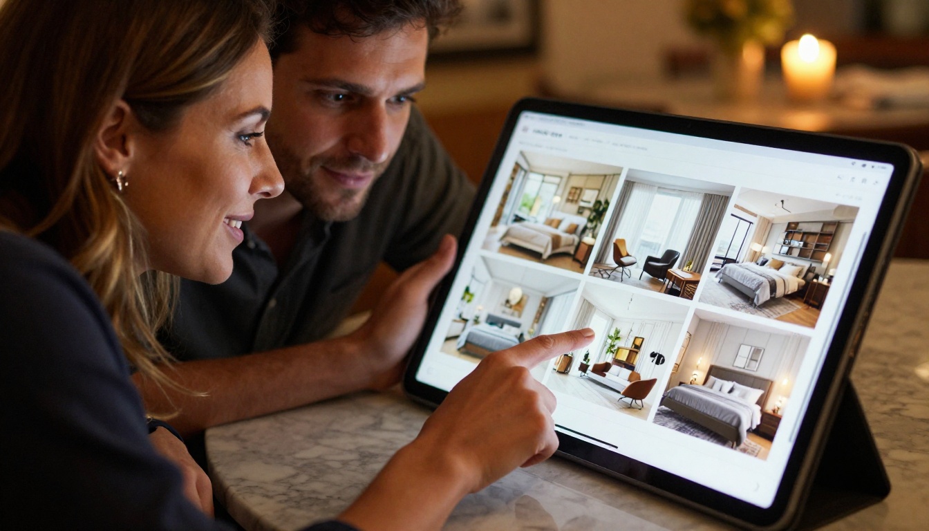 Client couple reviewing an interior design digital portfolio on a tablet