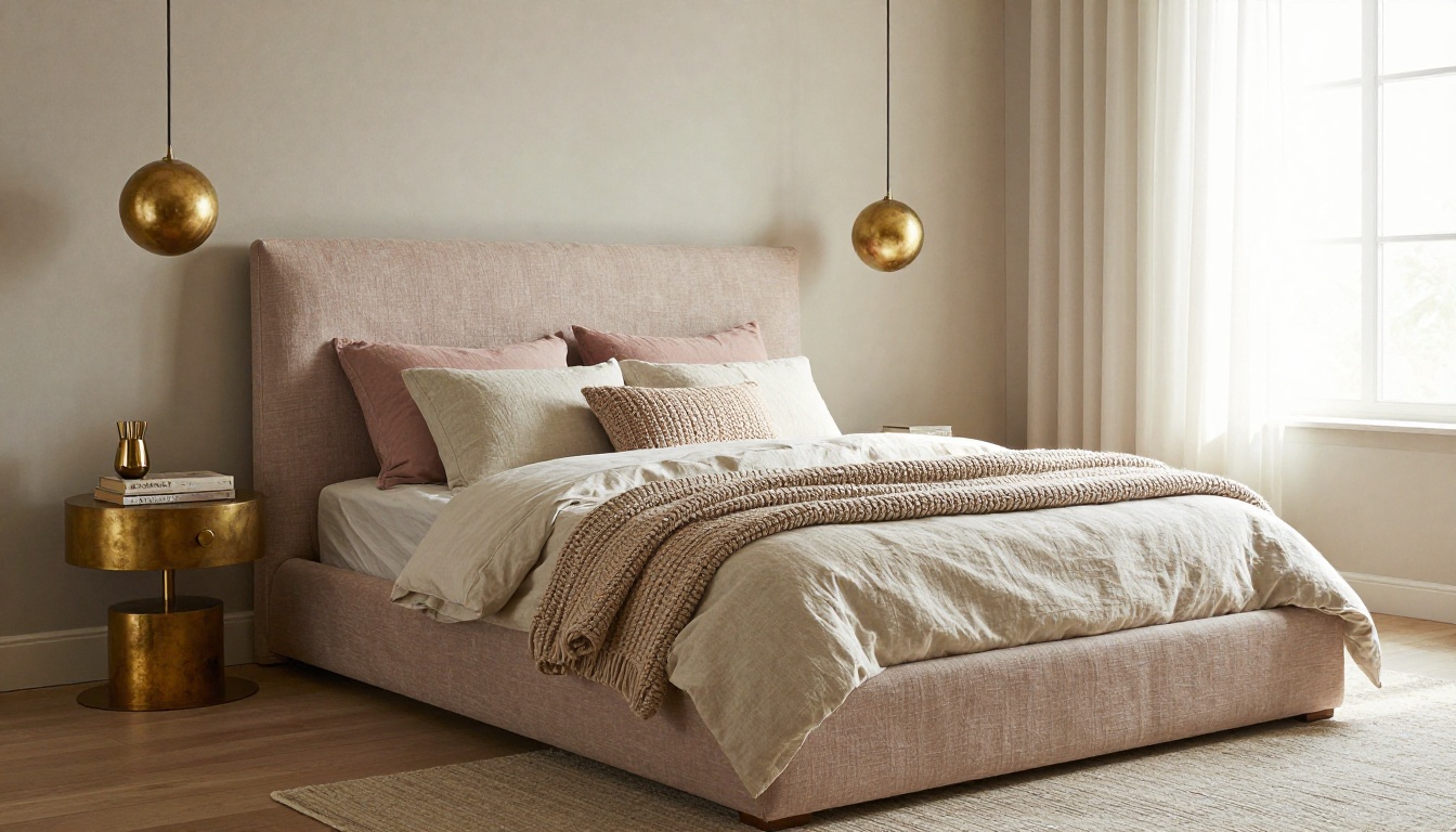 Beautifully designed master bedroom with layered linen textures and brass lighting