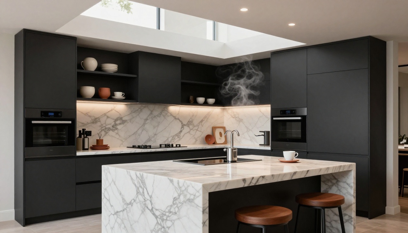 Modern luxury kitchen interior design portfolio shot with marble waterfall island