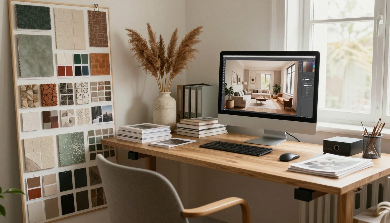 Interior designer's organized workspace with mood boards and material samples